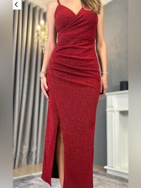 Sparkling Red Maxi Dress with Side Slit
